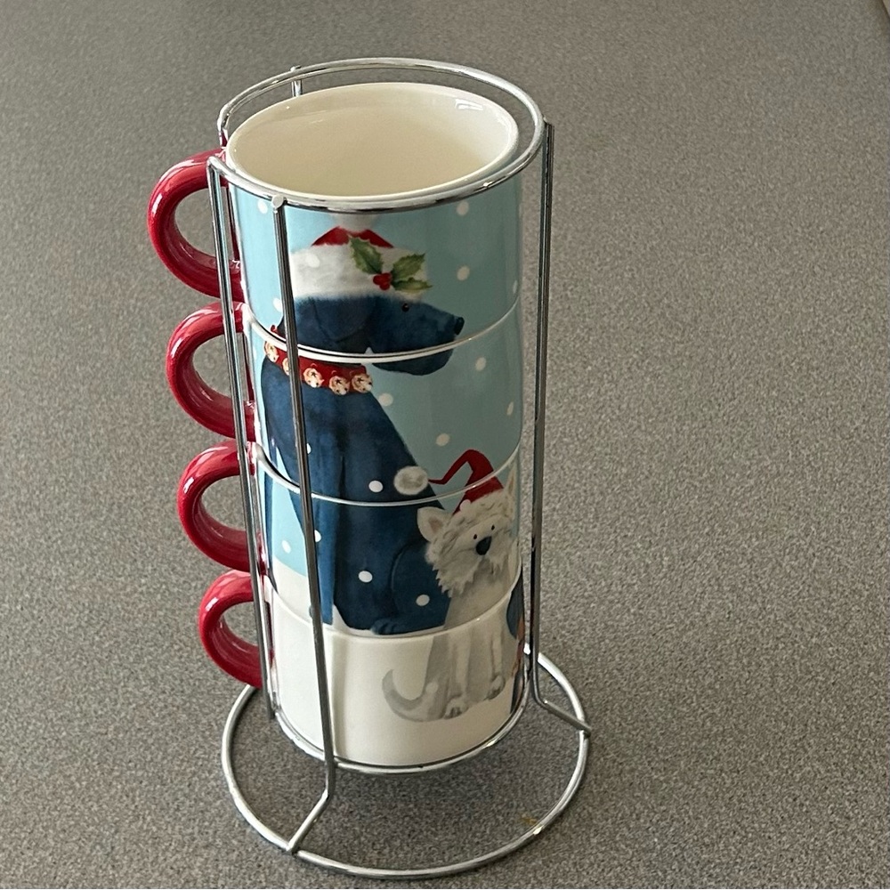 NWT Pier 1 set of 4 stacking Christmas puppy dog design mugs with holder. - Picture 2 of 6
